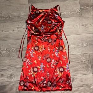 Vintage Hot Kiss Red Floral Satin Dress Backless Tie Back Strappy, Size S